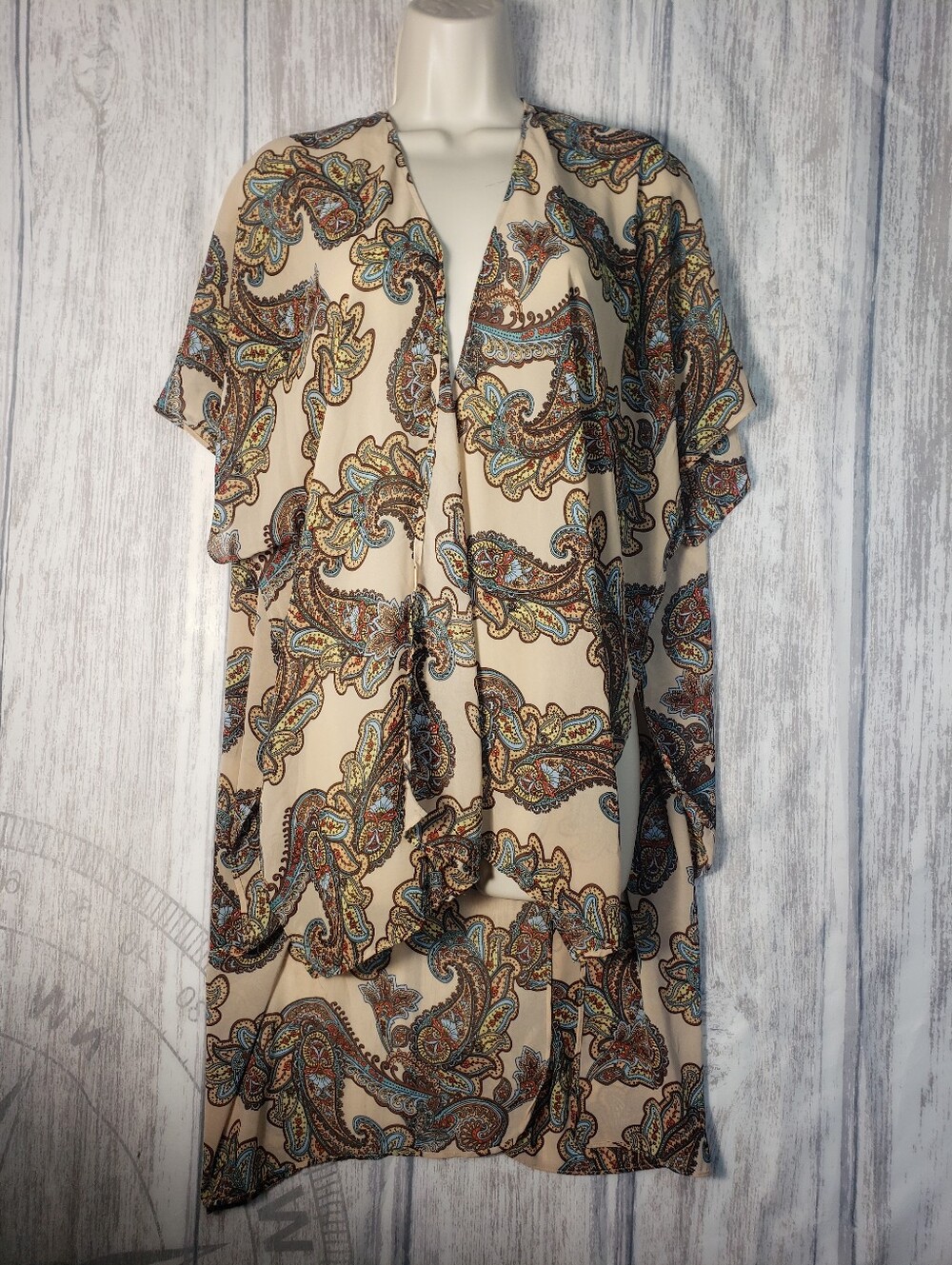 Women's Cream & Green Paisley Lightweight Open-Front Kimono Jacket Size Small